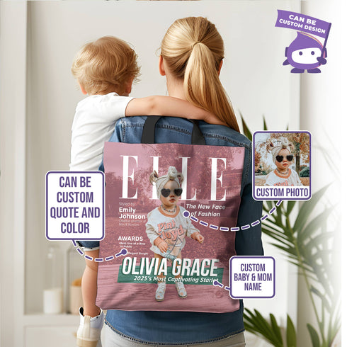 Personalized ELLE Baby Tote Bag – Custom Photo, Name & Quote – Stylish Mom Gift